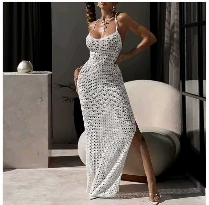 White Crochet Backless Resort Cover-Up Beachwear